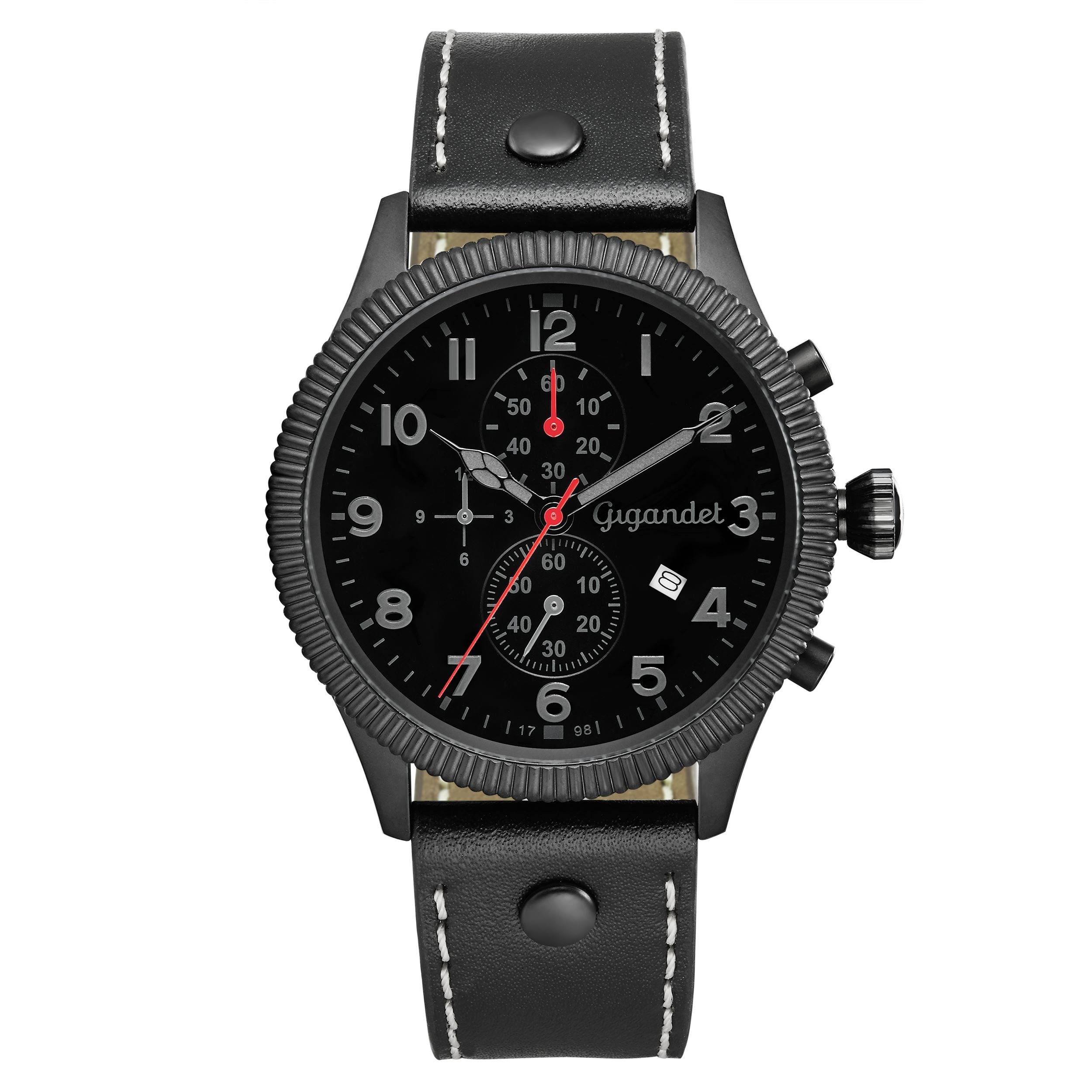 Gigandet Chronograph Armbanduhr, Herrenuhr, Fliegeruhr, 44mm, RED BARON V G34-003, Mineralglas, Datumsanzeige, Lederband, 10bar/100m wasserdicht