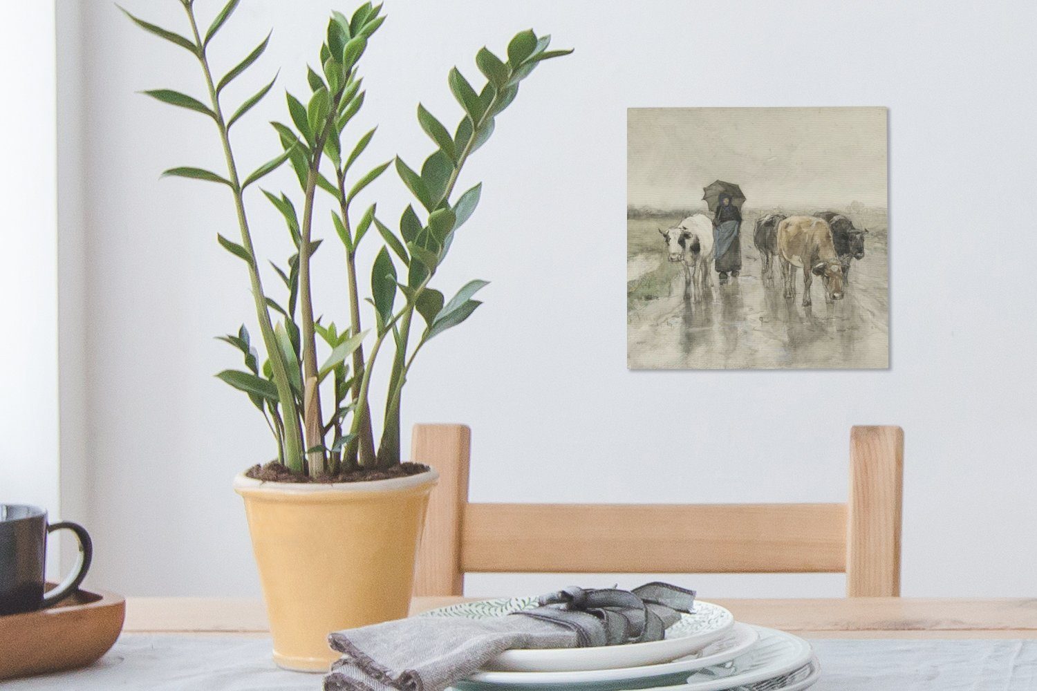 St), für Bilder Bäuerin Eine bunt einer mit Leinwand auf Schlafzimmer - Regen OneMillionCanvasses® von, (1 Leinwandbild Gemälde Kühen Landstraße Wohnzimmer im