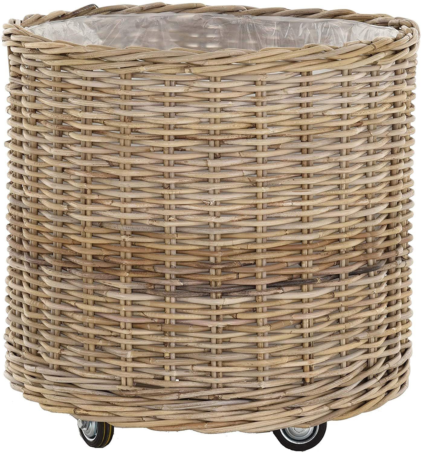 Krines Home Allzweckkorb Pflanzkorb groß Rattan XXL Rollkorb Rattankorb Grau Natur Rund, mit Rollen