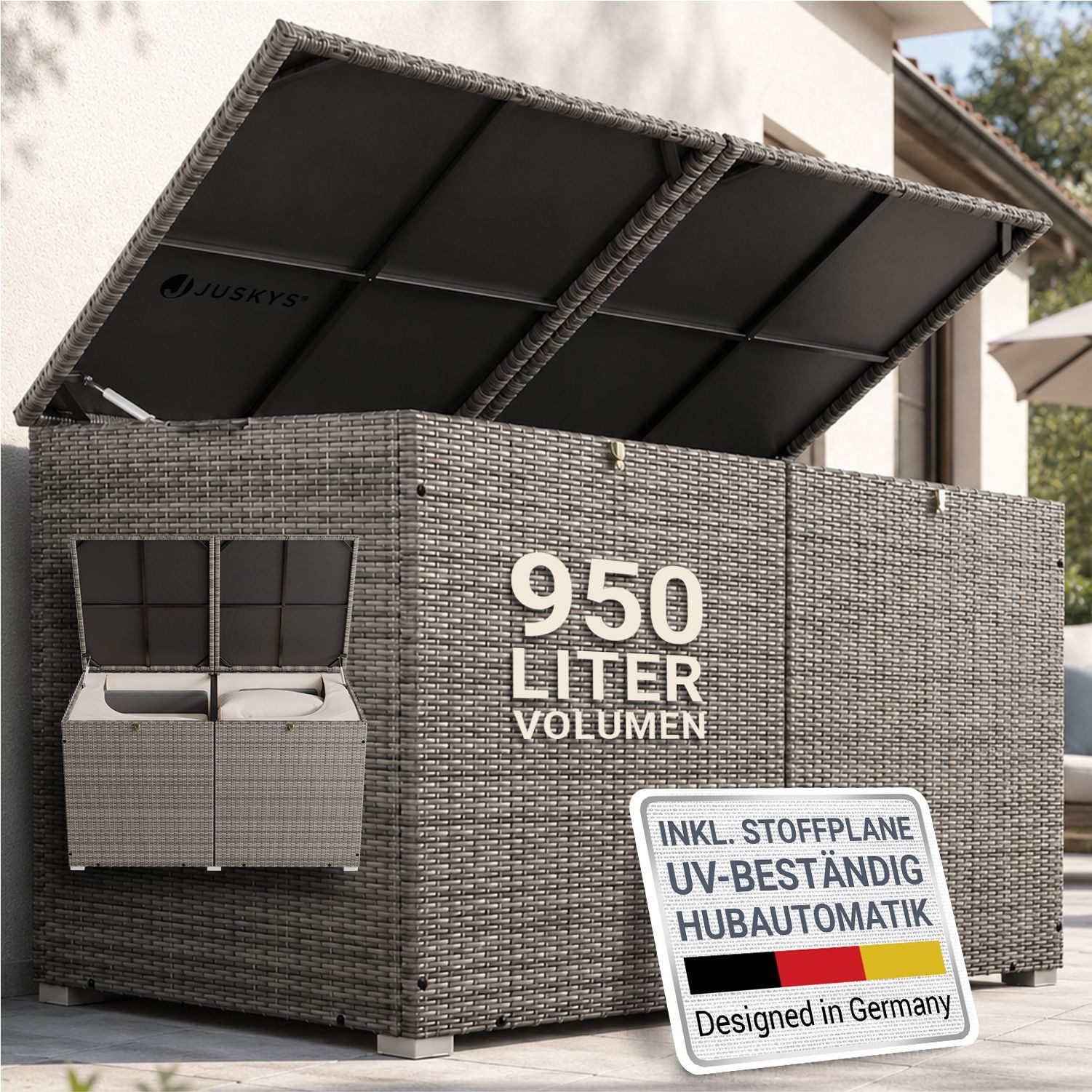 Juskys Auflagenbox Ikaria, aus Polyrattan, mit Deckel, Hubautomatik und Innenplane