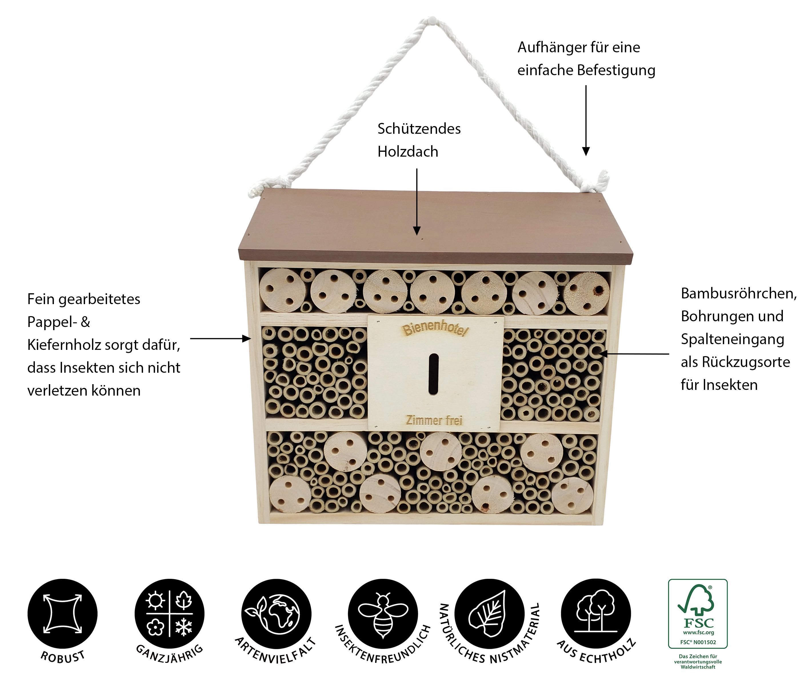 Dehner Insektenhotel Natura Premium Andrena, 29.5 x 9.9 x 29 cm, Schutz und Nistmöglichkeit für Wildbienen im eigenen Garten