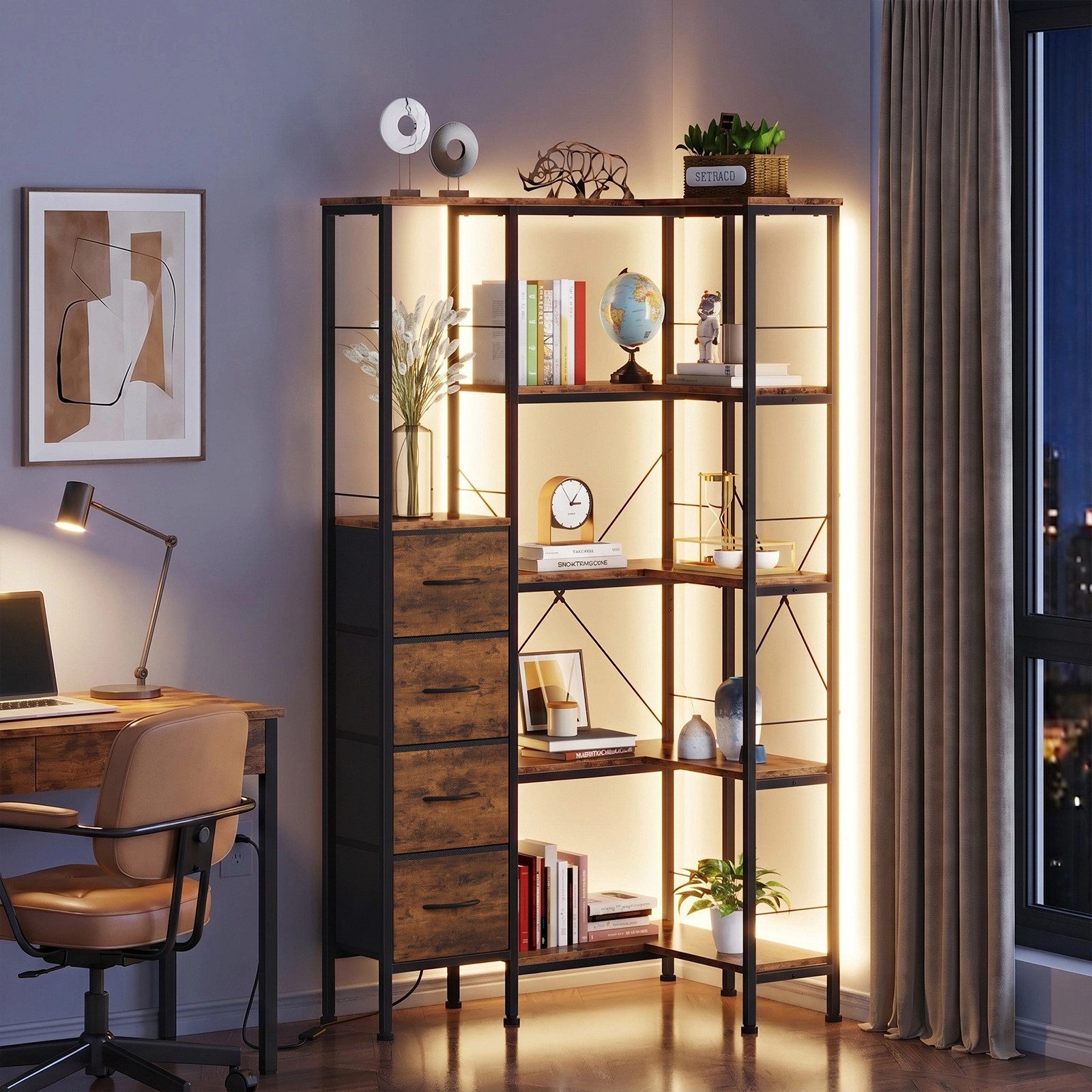 OYRREU Mehrzweckregal 10 offene Fächer & 3 Schubladen, kombiniert, Bücherregal, Standregal, industrial Aufbewahrungsregal 1-St., mehrfach, X-förmige Metallverstärkung, variabel einsetzbar, 120 x 23,5 x 142 cm