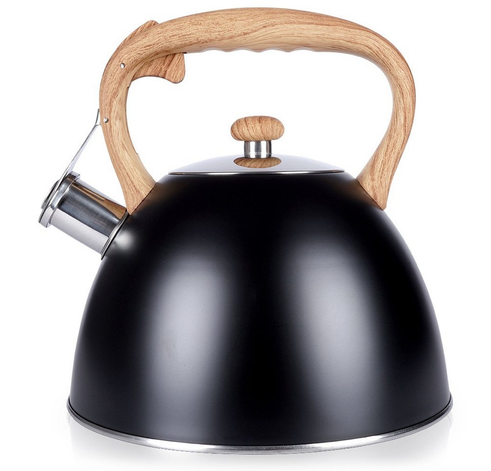 Vilde Wasserkessel Pfeifkessel Edelstahl schwarz mit Holzimitatgriff, Edelstahl (1-tlg), mit Pfeife, 3L, für alle Herdarten, wärmeisolierend