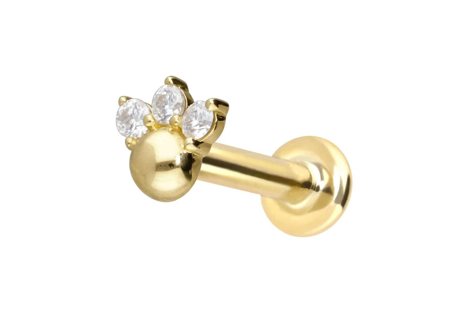 Piercing-Set 14 Karat Gold Labret mit Innengewinde 3 MOISSANITE + KUGEL
