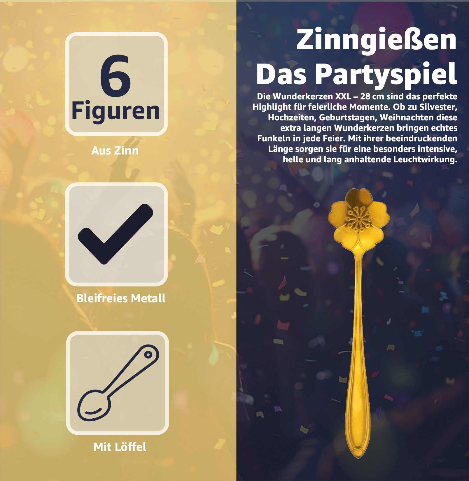 happy sparks® Spiel Zinngießset für Silvester, 6 Figuren und 1 Löffel, Gesellschaftsspiel, ungiftig