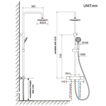 AuraLum pro Duschsystem mit Thermostat Duschset Regendusche Duscharmatur Duschsäule Dusche, höhenverstellbar, Schwarz