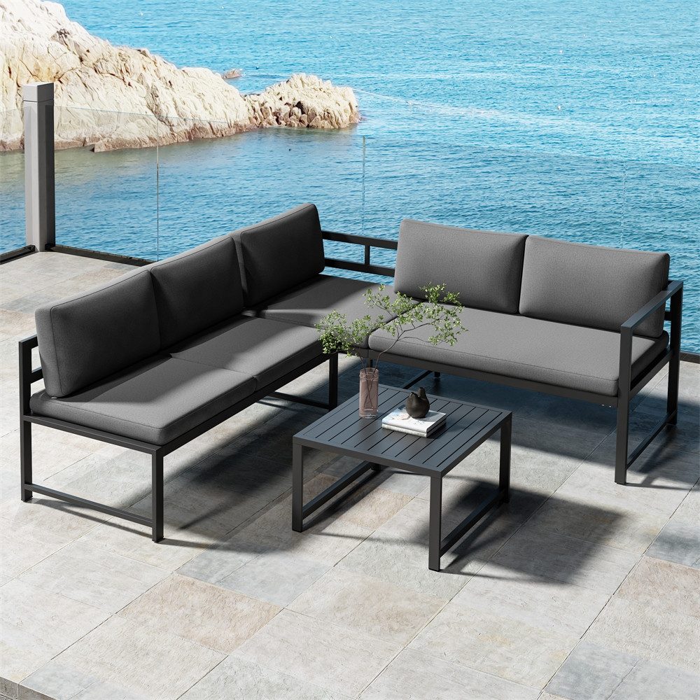 Melko Gartenlounge-Set Ecklounge mit Liegefunktion Aluminium Sitzgruppe wetterfest Grau, (Set, 3-tlg., 2 Sofa, 1 Tisch, 11 Auflagen), Liegefunktion durch verstellbare Rückenlehne