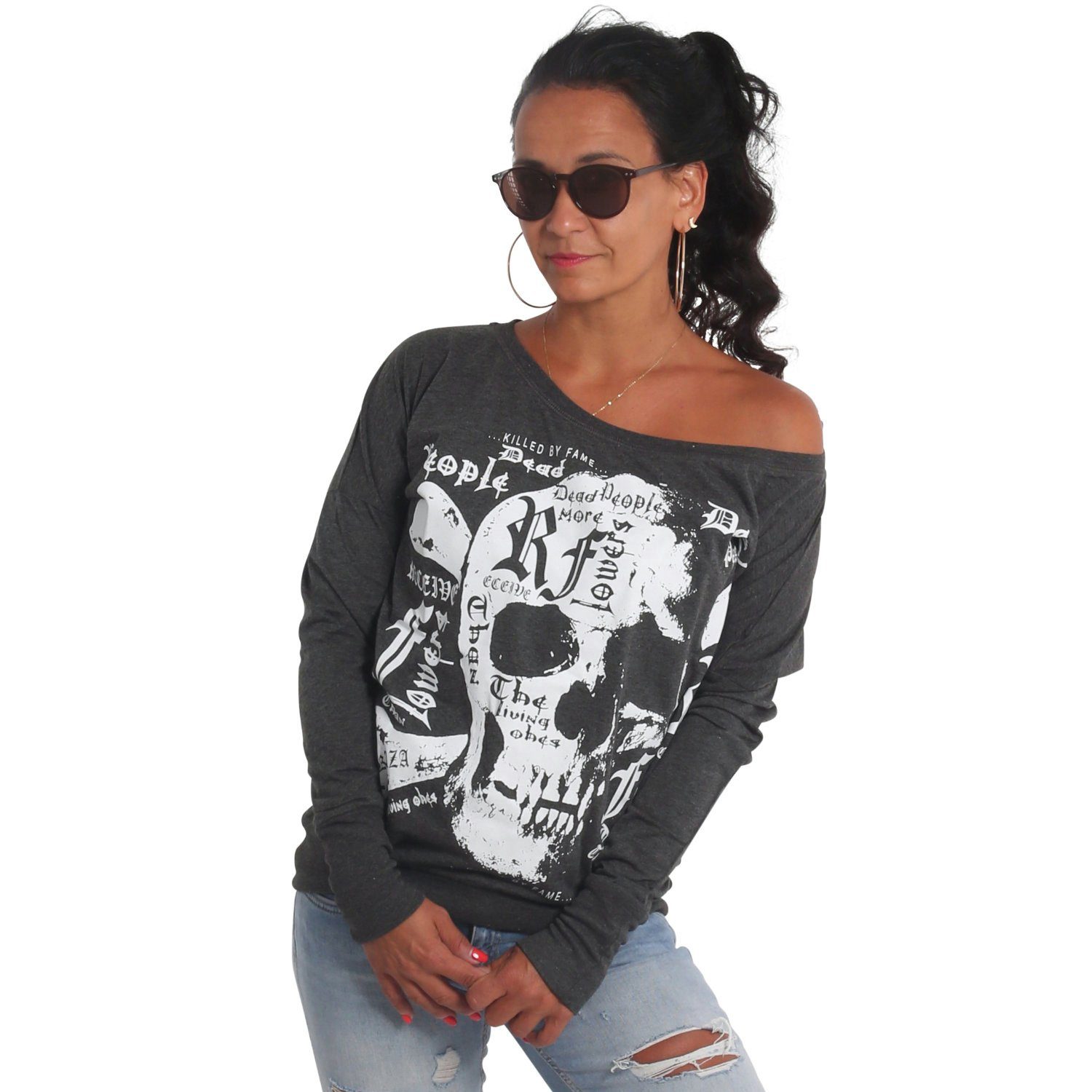 YAKUZA Langarmshirt Skull Script im Boyfriend Look