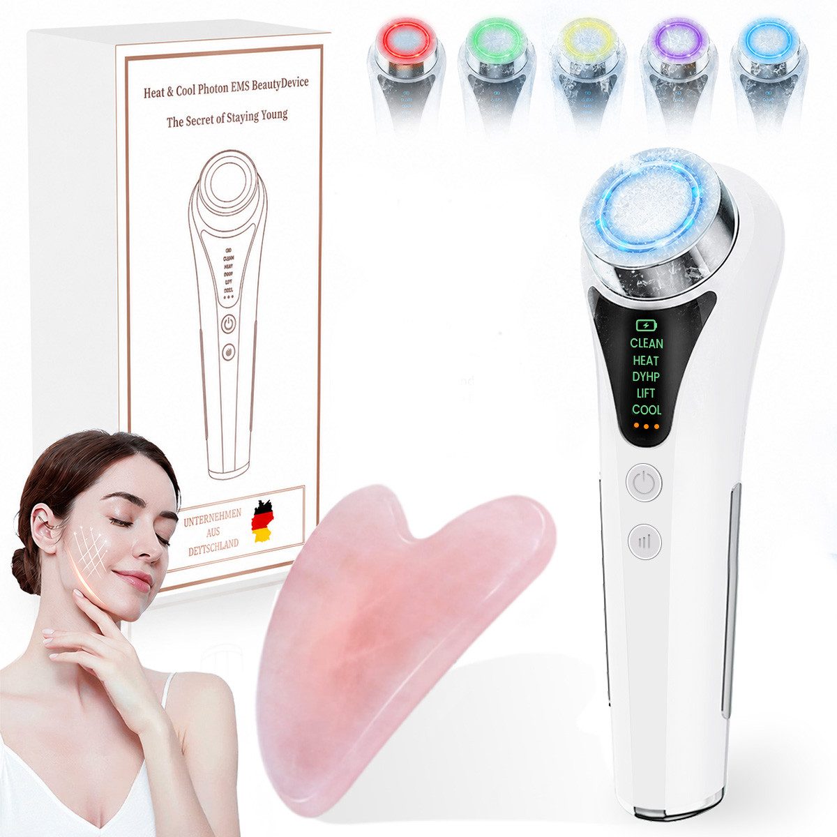 FOSMET Gesichtsmassagegerät 6 in 1 EMS RF Gesichtsmassagegerät mit LED, Wärme und Kälte, 6-in-1 Anti-Aging Gerät, Elektrisches Beauty Tool für tägliche Hautpflege und sanfte Massage