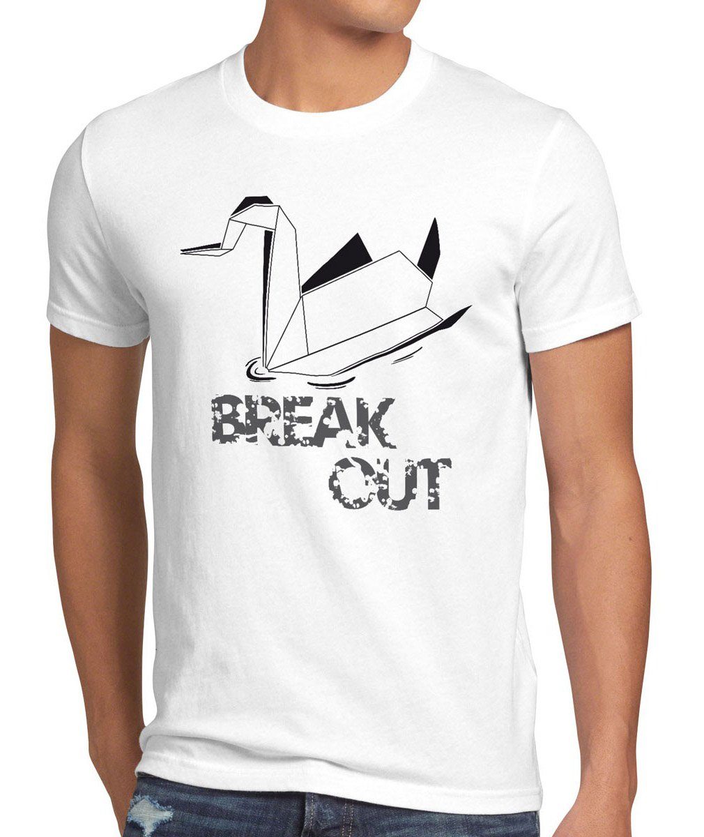 style3 Print-Shirt Herren T-Shirt Swan Break Out Schwan Papier origami prison gefängnis scofield us weiß