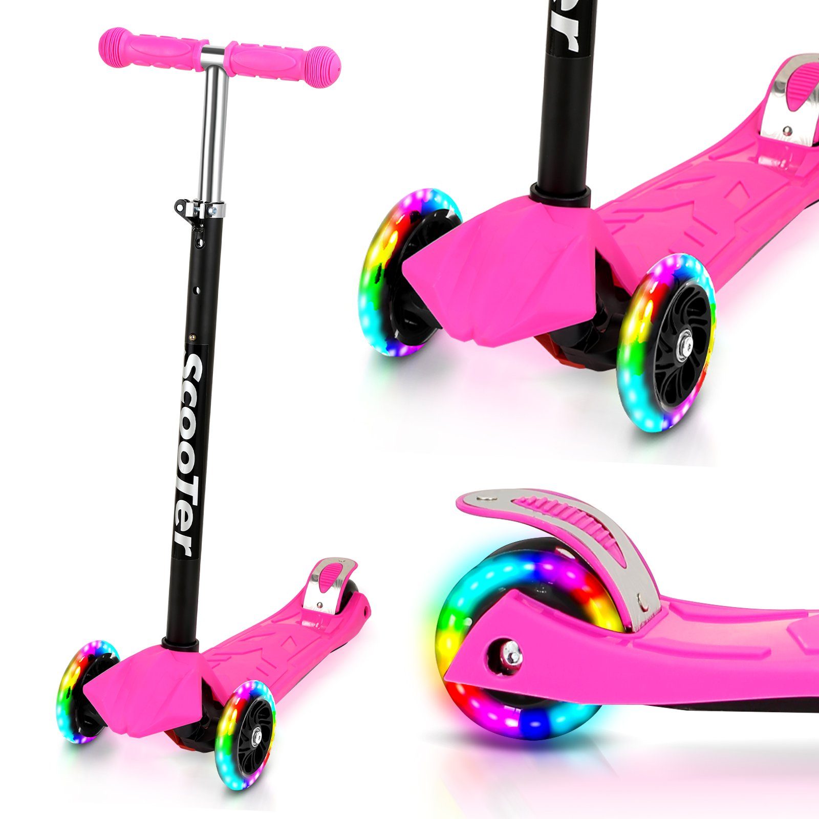 Lospitch Scooter Kinderroller Tretroller LED-Räder bis 50 kg Höhenverstellbar Rosa