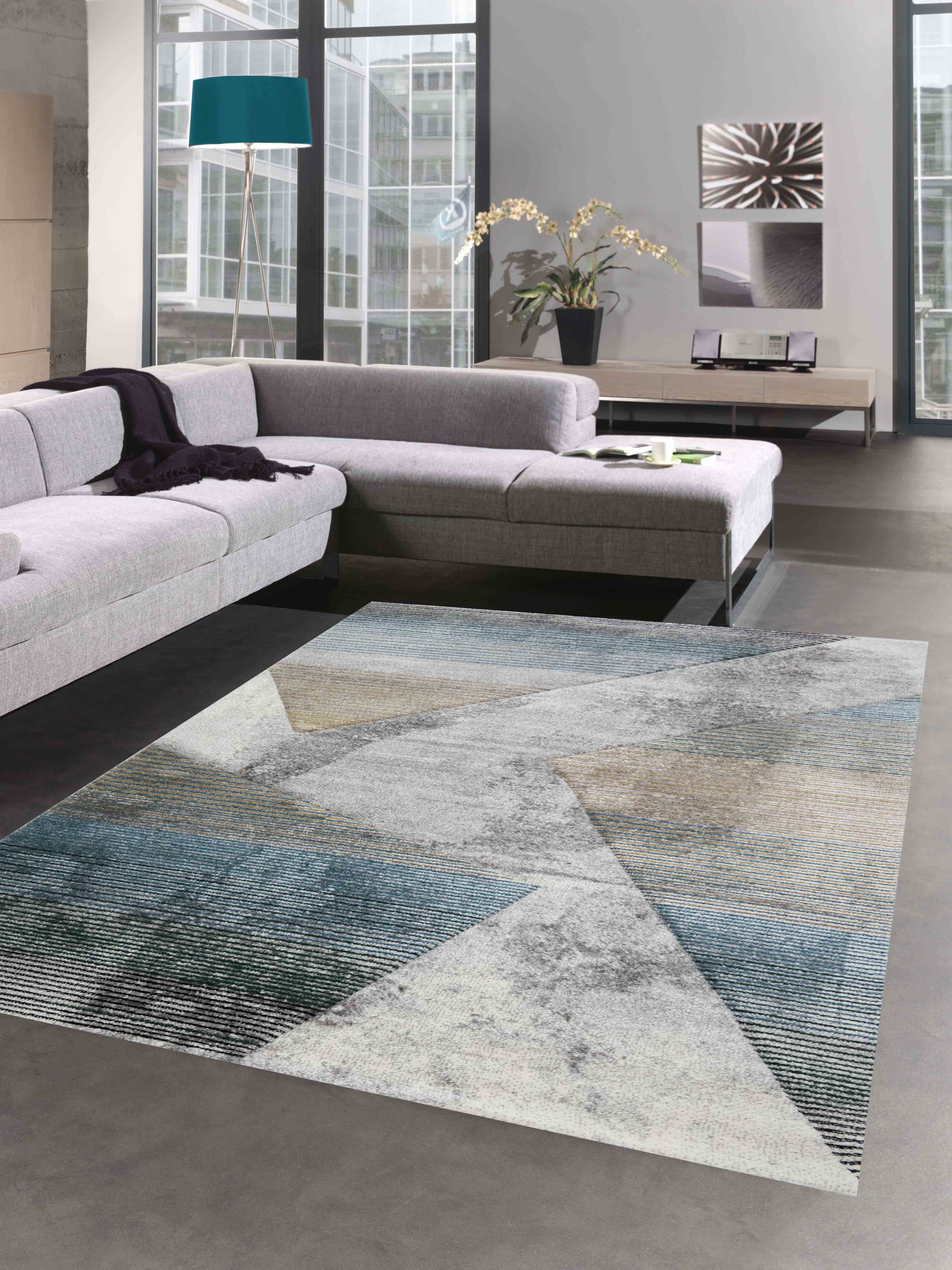 Carpetia Teppich Wohnzimmer modernes gestreiftes Muster gold blau grau - pflegeleicht, rechteckig, Höhe: 13 mm