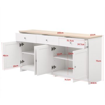 XDeer Sideboard Sideboard Kommode Standschrank 160cm mit weißer Holzmaserung, vier Türen drei Schubladen Wohnzimmer Esszimmer Holzfarbe Weiß
