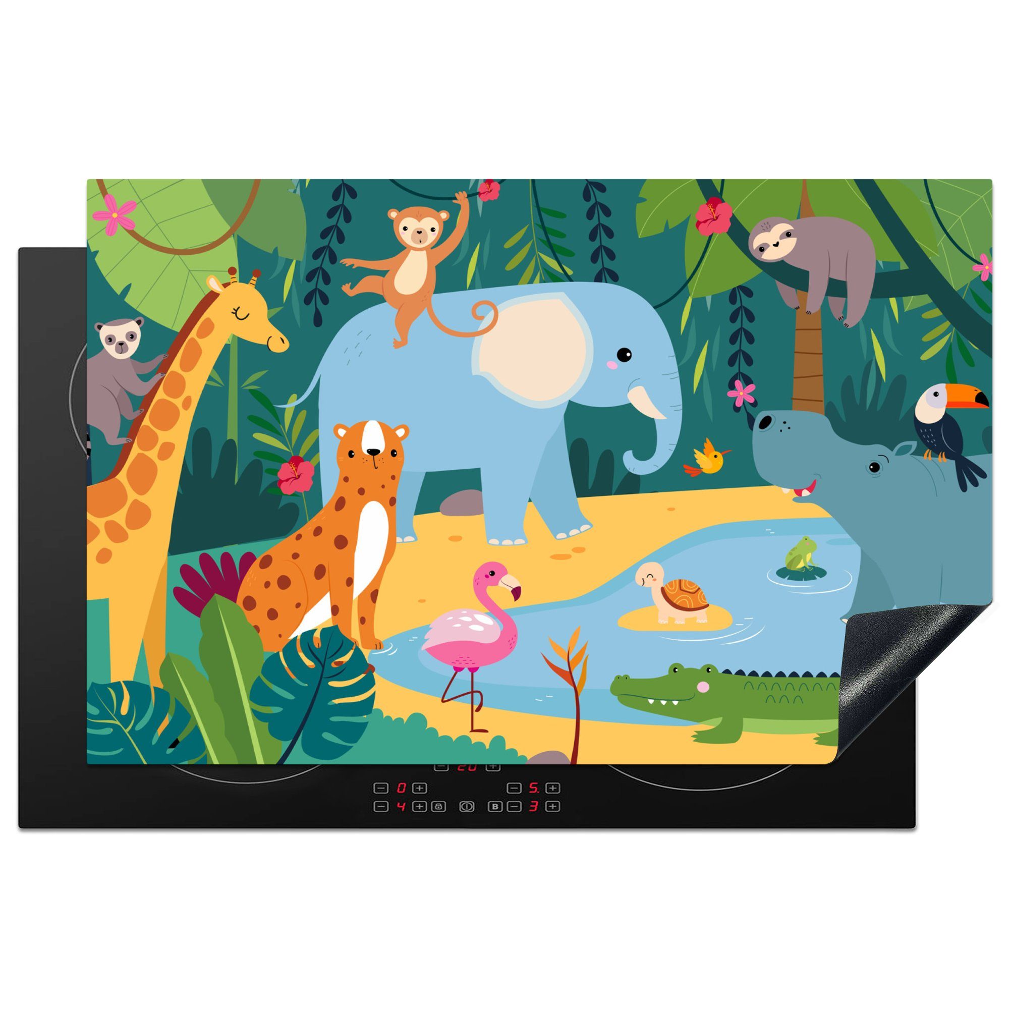 MuchoWow Herdblende-/Abdeckplatte Dschungel - Design - Tiere - Kind, Vinyl, (1 tlg), 81x52 cm, Induktionskochfeld Schutz für die küche, Ceranfeldabdeckung