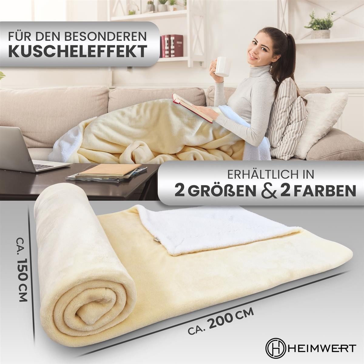Wohndecke Kuscheldecke Wolldecke 150x200cm Vanille, HEIMWERT, günstig online kaufen