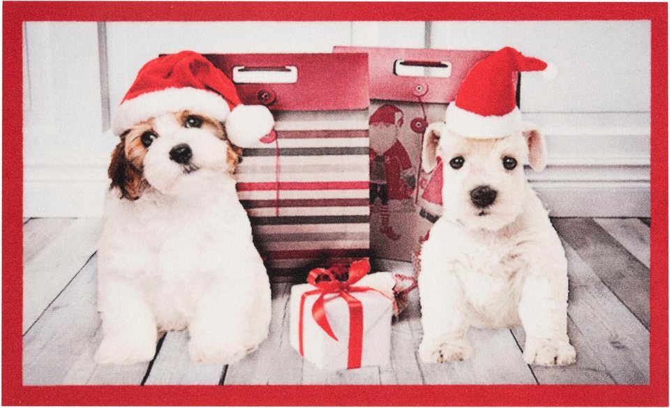 Fußmatte Christmas Dogs, HANSE Home, rechteckig, Höhe: 7 mm, Tier Motiv,  Pflegeleicht, Rutschfest, Weihnachten, Waschbar