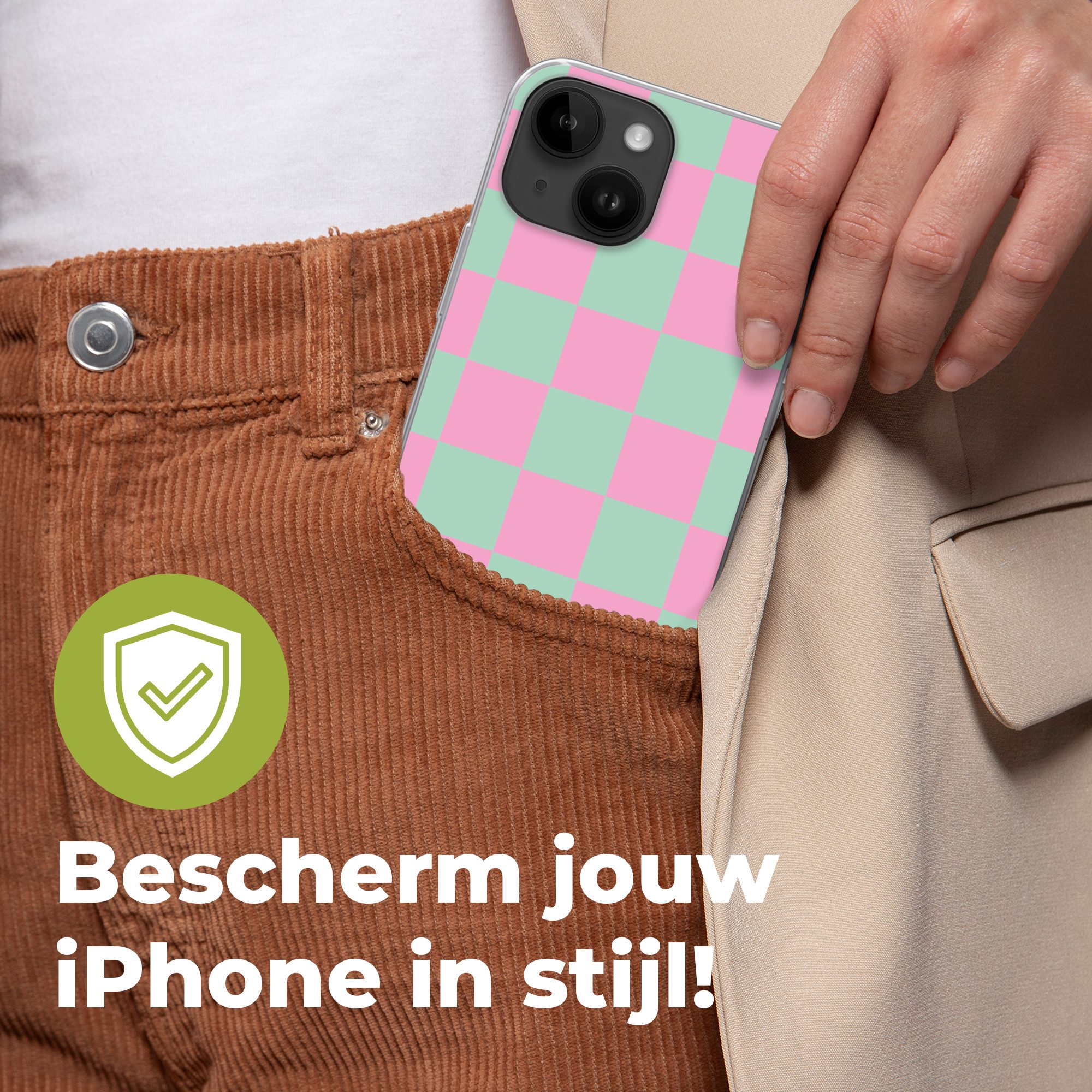MuchoWow Handyhülle für Apple iPhone 14 Schachbrettmuster - Grün - Rosa - Würfel, Smartphone-Bumper, Print, Handy Schutzhülle Dünn