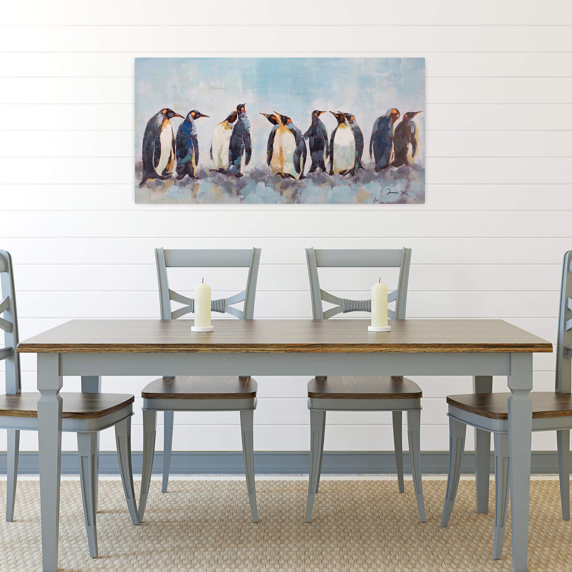 KUNSTLOFT Gemälde Kreis der Pinguine 120x60 cm, Leinwandbild 100% HANDGEMALT Wandbild Wohnzimmer