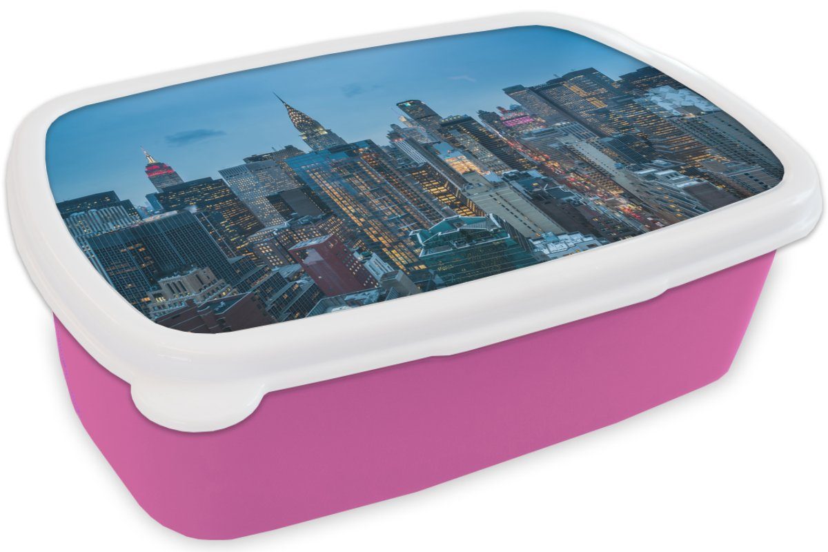 Lunchbox Snackbox, MuchoWow Brotdose Empire - für - Erwachsene, rosa Kunststoff York (2-tlg), Mädchen, Building, State New Skyline Kinder, Brotbox Kunststoff,