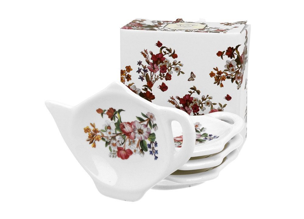 Duo-Gift Teeservice Teebeutelhalter 4er Set Teebeutelständer Blumen Kollektion (4-tlg), Porzellan 4er Set Teebeutelablage / Gewürzschälchen Blumen Vintage weiß, Kollektion, mit Geschenkbox / Ideal als Geschenk