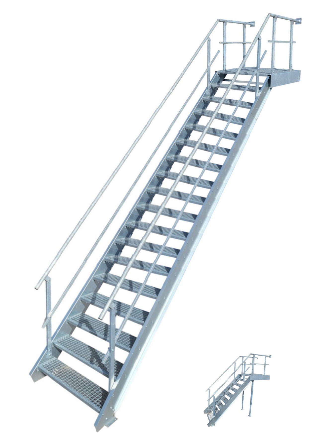 SRM Design Außentreppe 17 Stufen Podest Treppe Breite 100cm Höhe 299-360cm 2x Geländer