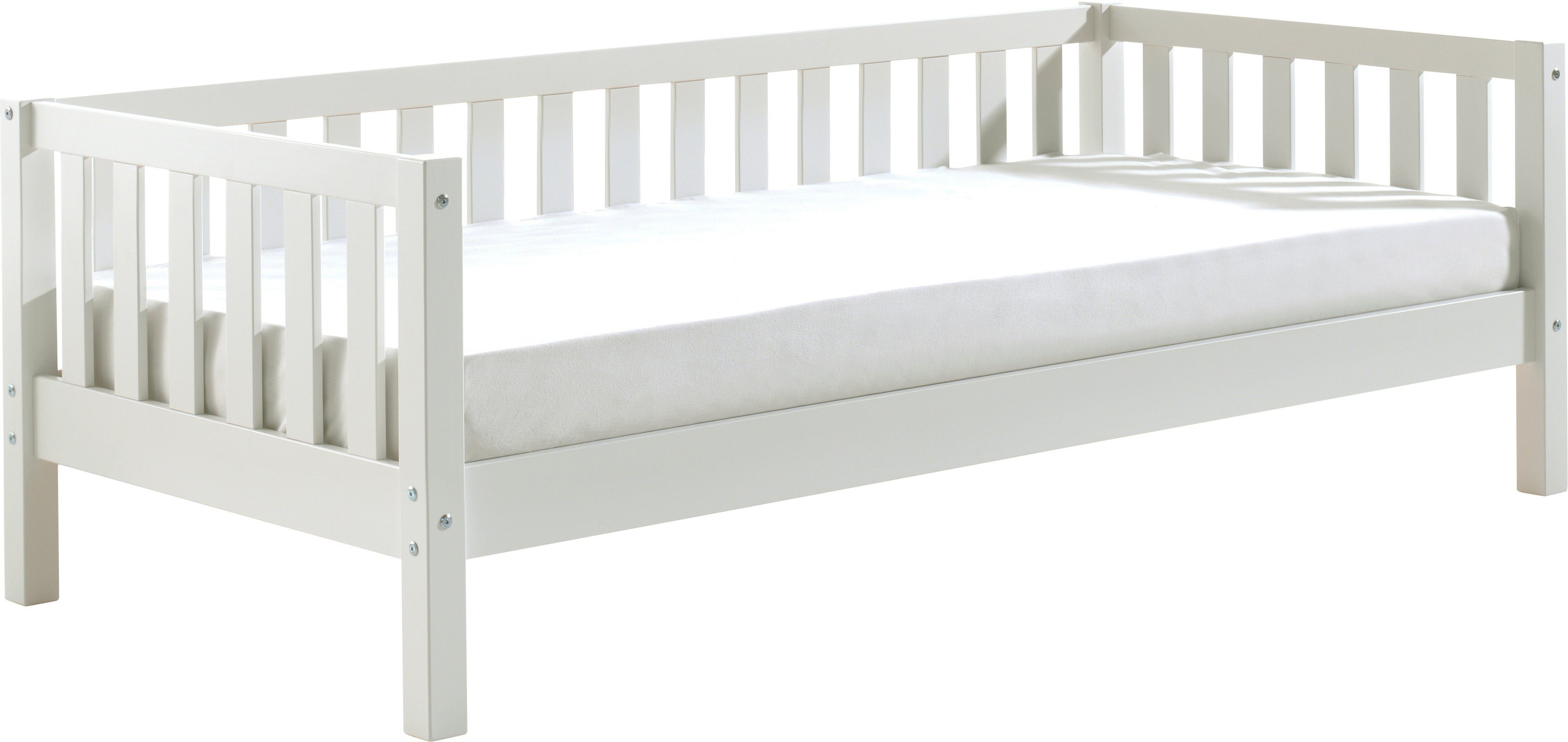 Vipack Einzelbett Sprossenumrandung, Kiefer massiv, stabil gebaut und zeitloses Design (B/H/T ca. 211,2x68x97,8cm, Ausf. Milky Pine oder Weiß), inkl. Rolllattenrost, mit oder ohne Bettschublade