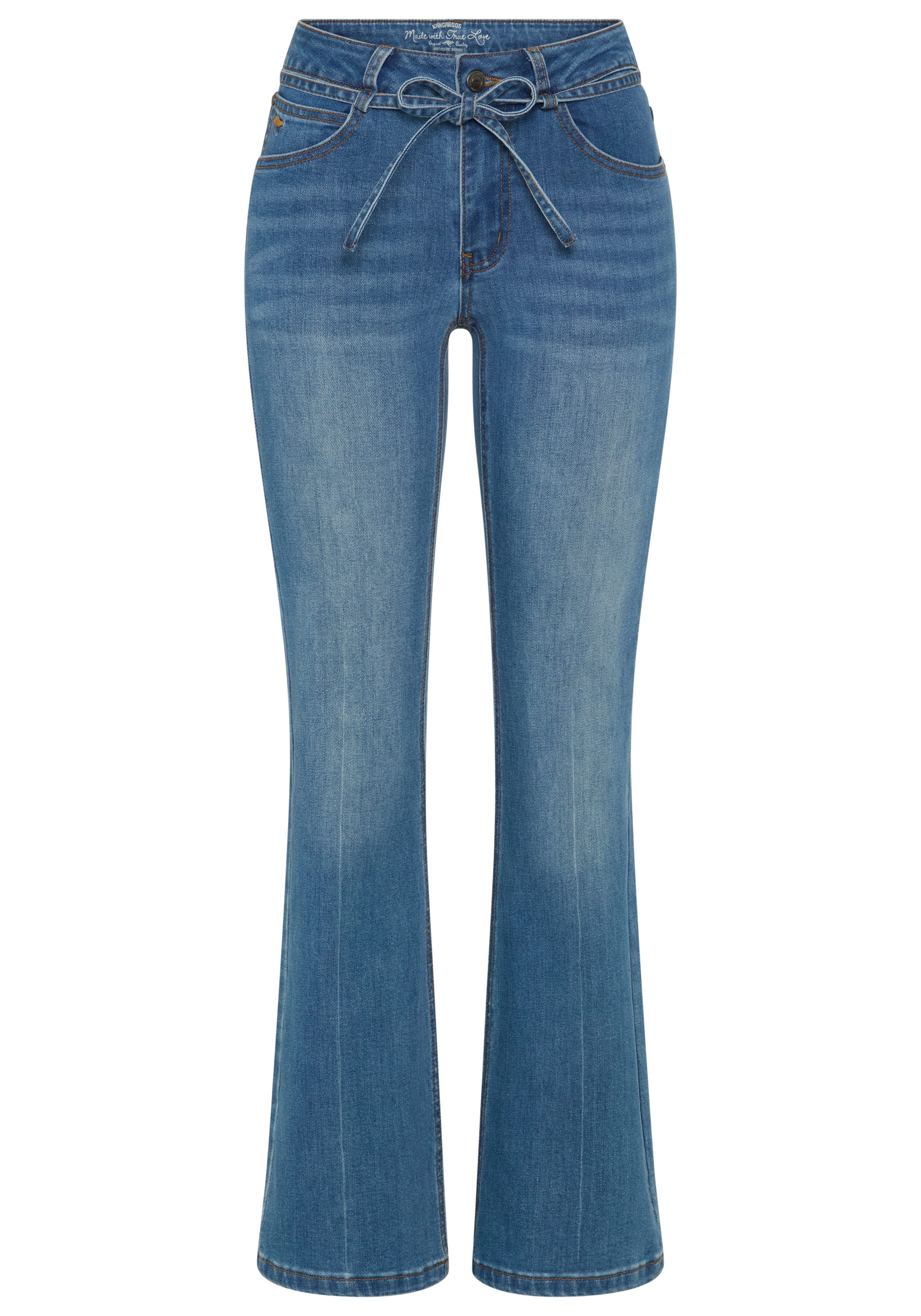 KangaROOS Weite Jeans mit Reißverschluss, Knopf und Tunnelzug mit Bindeband, lange Beinlänge
