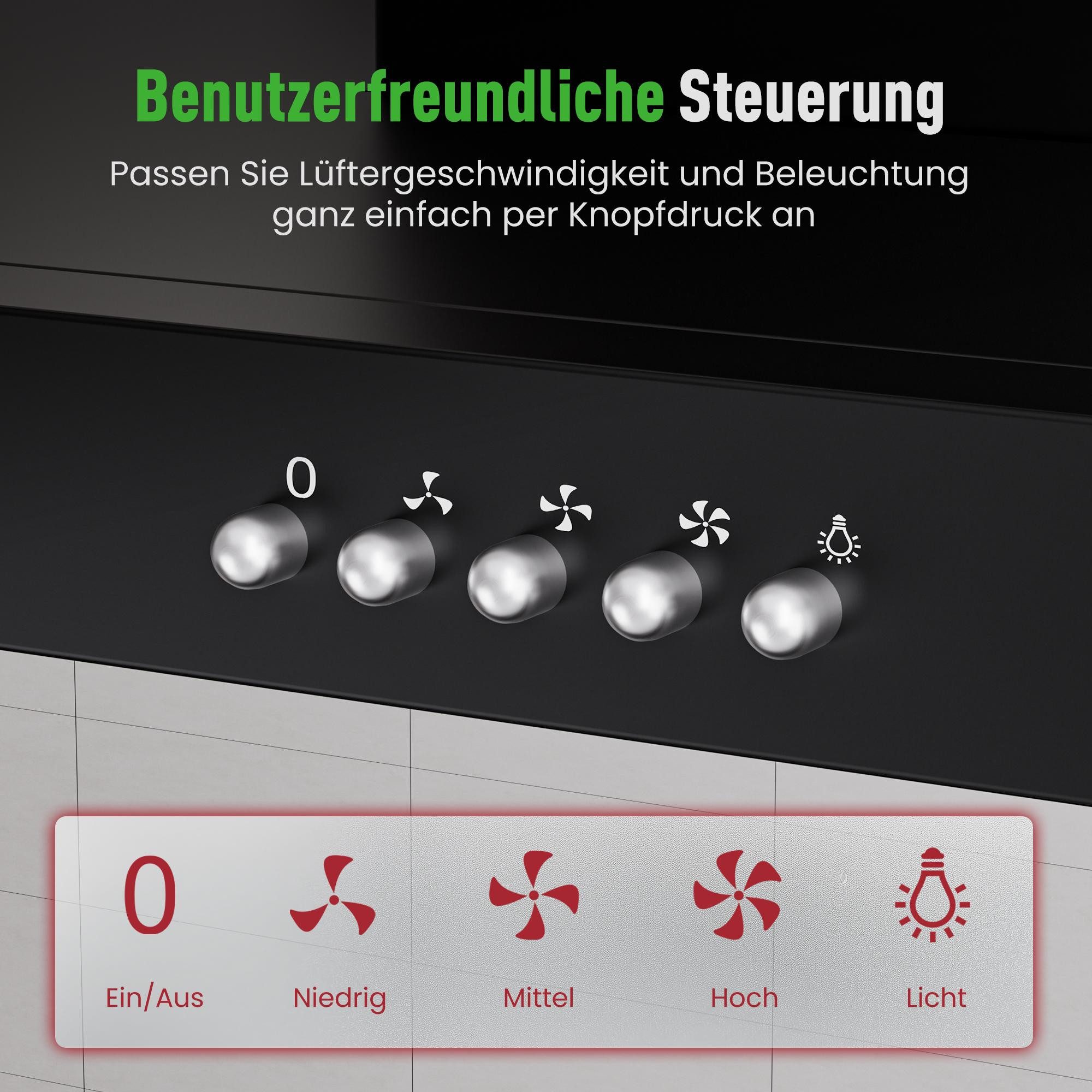 Levivo Wandhaube A++ Dunstabzugshaube 60cm Umluft & Abluft mit 380 m³/h Aktivkohlefiltern, Fettfiltern, LED-Beleuchtung – Bild 3 von 5