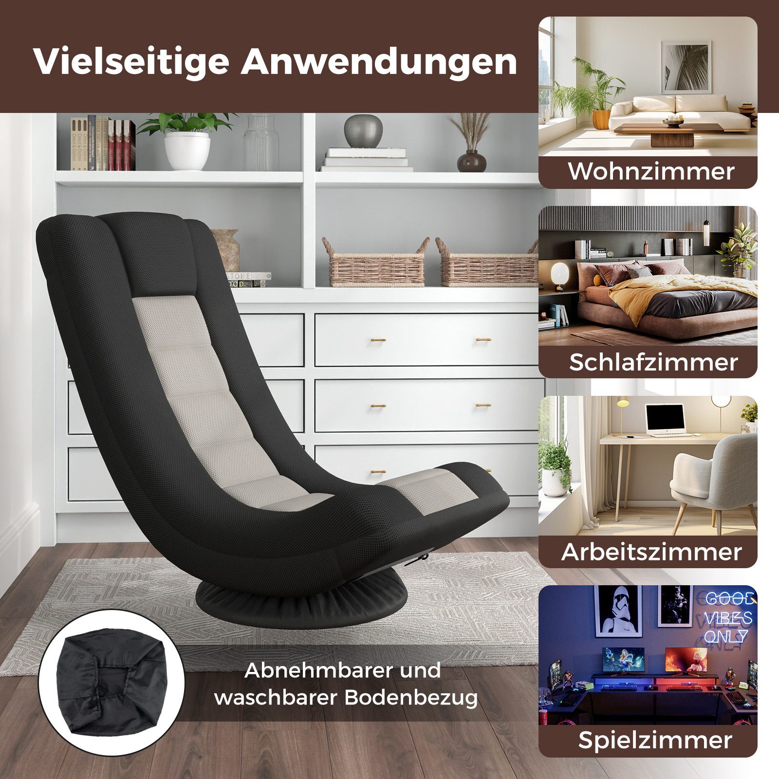 COSTWAY Relaxsessel, Bodenstuhl 360° drehbar, klappbar, verstellbar