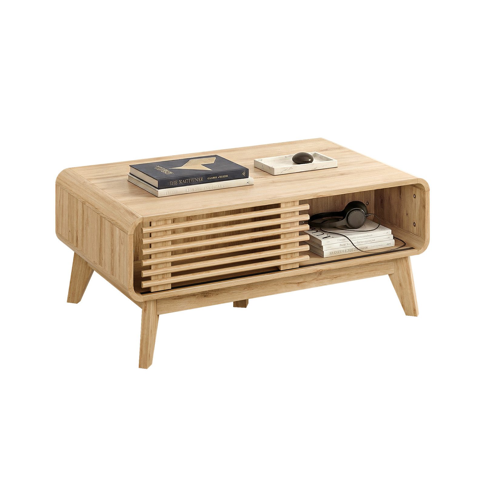 eGenuss Couchtisch Moderner Couchtisch mit Schiebetür, Ablagefach und Holzbeinen