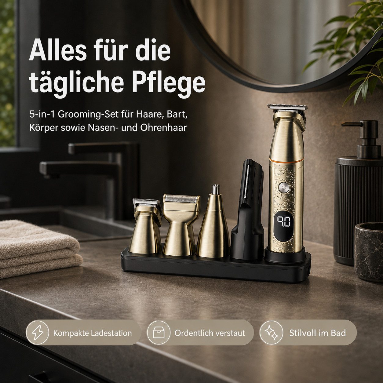 Tekoo Haarschneider 5-in-1 Haarschneider & Barttrimmer Set für Herren, LED, Wasserdicht, 16-teiliges Komplettset, Magnetisches Wechselsystem, IPX6 wasserdicht