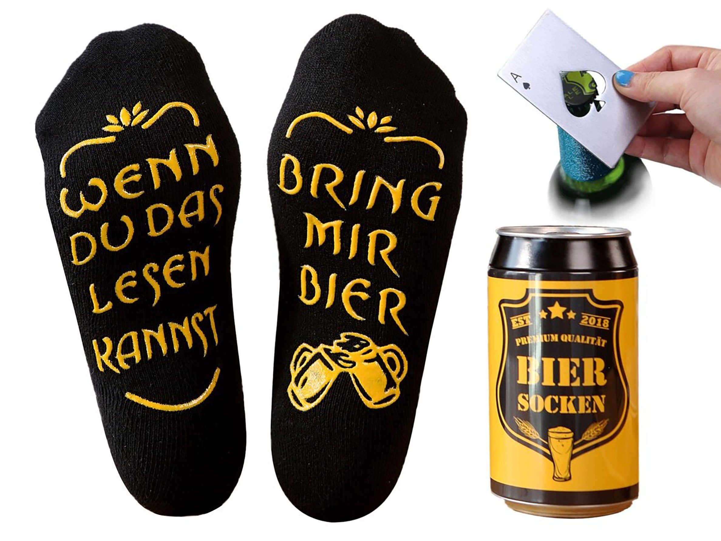 Lucadeau Socken 1 Bier Geschenke (Dose, und silber Geburtstagsgeschenk bring Edelstahl Bier Gr. mit Männer, Flaschenöffner, Schwarz+Pikass Paar) Spruch rutschfest, 38-44, mir für Socken