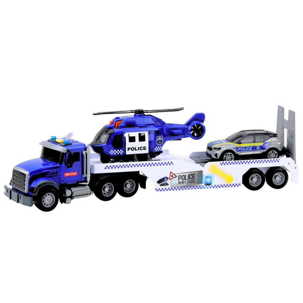 LEAN TOYS Spielzeug-Transporter Polizeitruck Hubschrauber Streifenwagen, (Spar-Set, 1-tlg., 53 x 14,5 x 10 cm robust), Licht & Geräusche, 3 Fahrzeuge, Auffahrrampe
