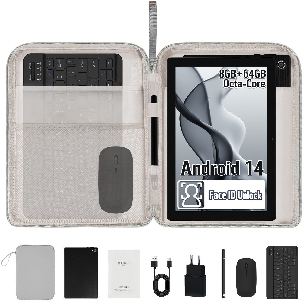 BUFO Android 14 10 Zoll 8(3+5)GB+64GB mit Tastatur, Maus und Stift Tablet (10", 64 GB, Android, 2,4G/5G WiFi, Dual-Kamera, Split-Screen-Funktion, Ideal für Home-Office und Uni)