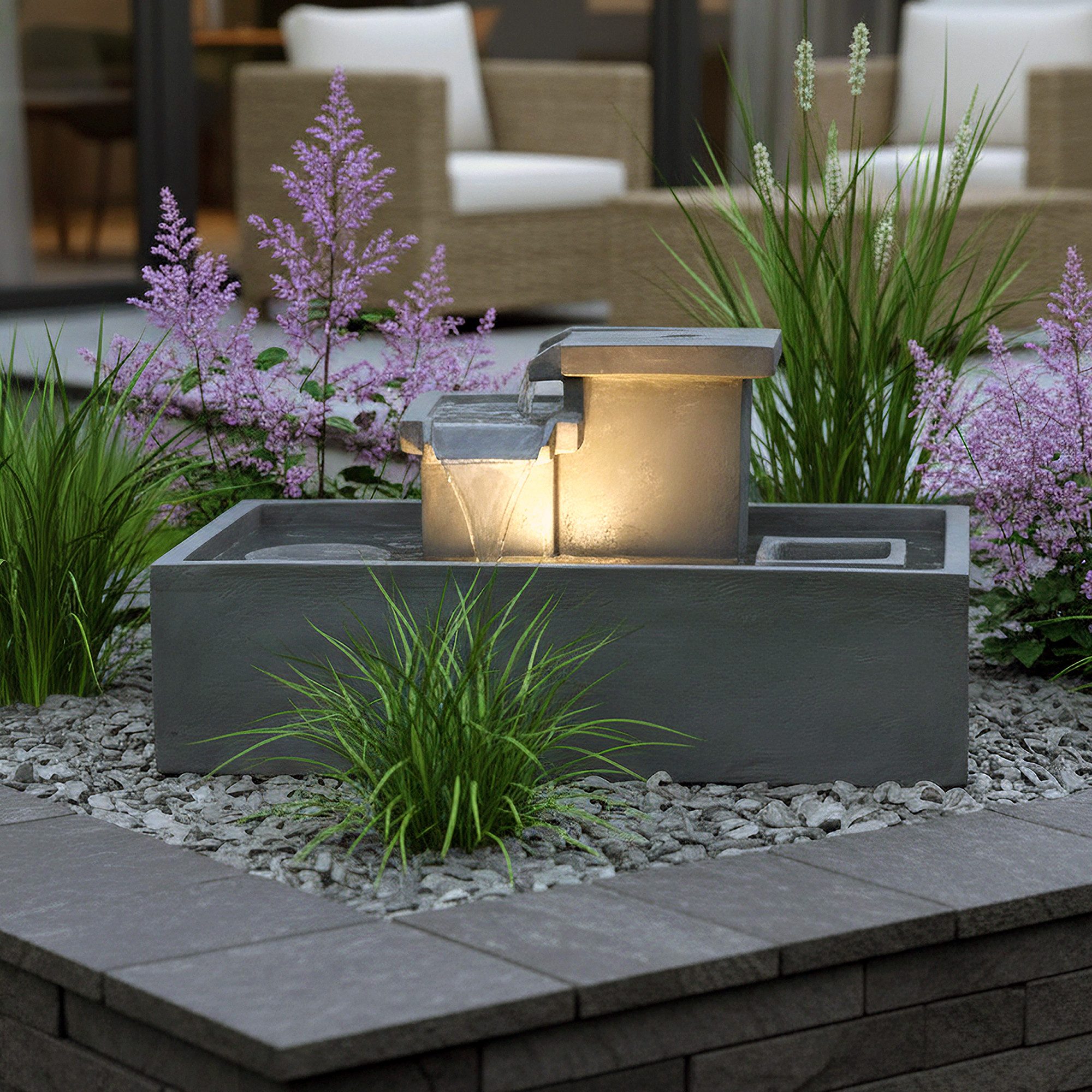 Arnusa Zimmerbrunnen Springbrunnen mit Beleuchtung Gartenbrunnen Wohnzimmerdeko, Wasserbecken BxT: 49x27 cm, mit Pflanzmöglichkeit moderner großer Tischbrunnen
