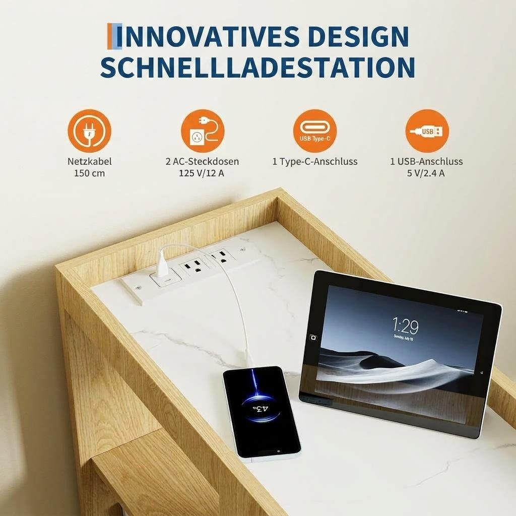 GarveeMore Beistelltisch Mit Ladestation Nachttisch mit Schublade Und Rollen,2 Steckdosen, USB Und USBc-Anschluss,Höhenverstellbarem Einlegeboden,Feststellrolle – Bild 3 von 5