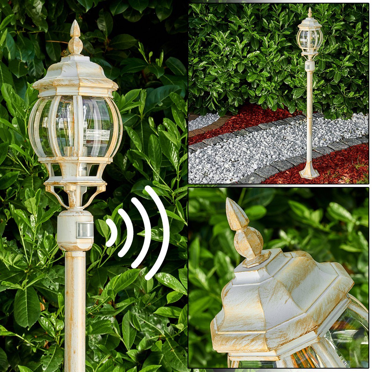 hofstein Außen-Stehlampe »Meyen« Außenleuchte, Aluguss in Weiß/Gold mit Kunststoff-Scheiben, ohne Leuchtmittel, Gartenlampe, E27, IP44 m. Bewegungsmelder