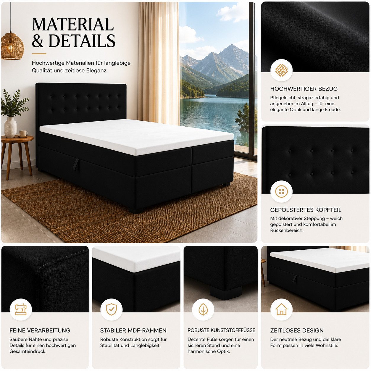 Best for Home Boxspringbett Polsterbett mit 7-Zonen-Taschenfederkernmatratze und Schubladen (Komplettset (Boxspringbett inkl. 2 Matratzen, Topper & Stauraum-Sch – Bild 5 von 5