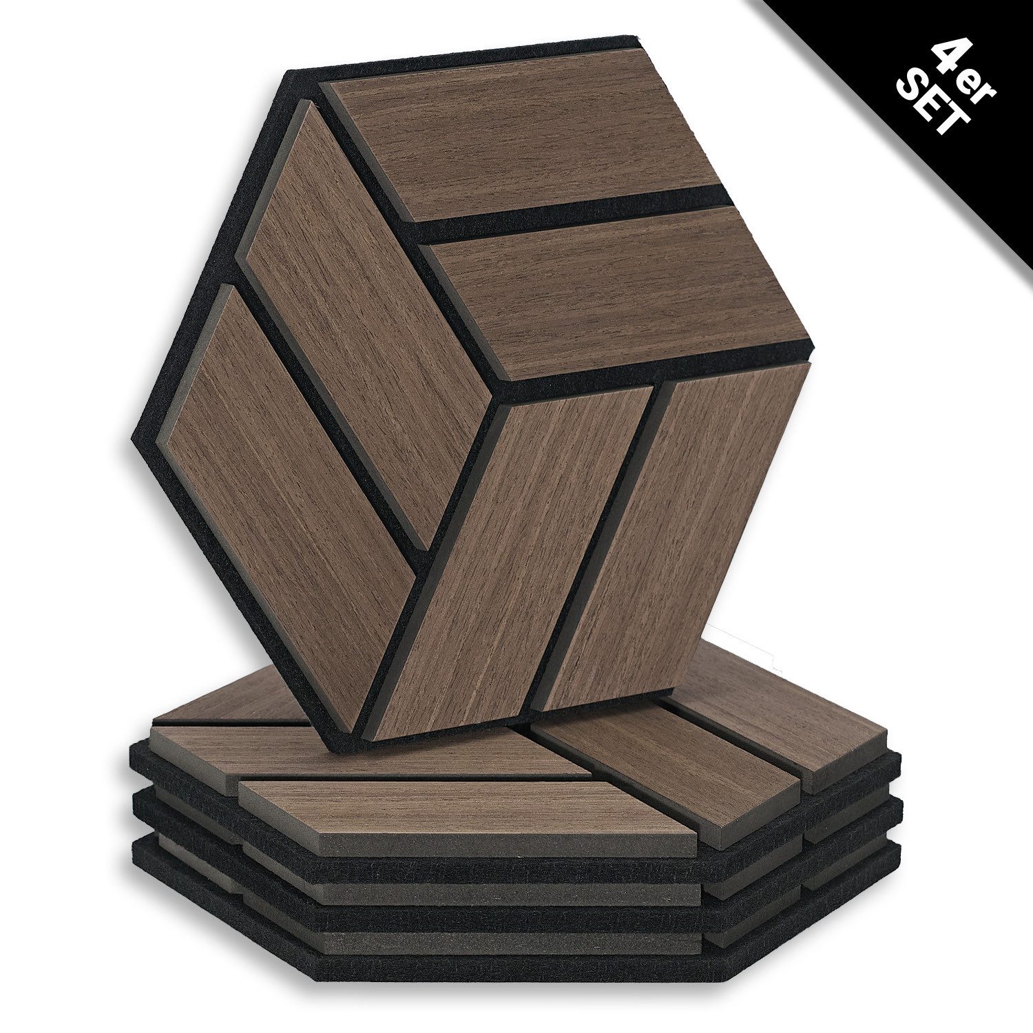 Homestyle4u Wandpaneel je 30x26 Hexagon Akustikpaneele Holz Schallschutz Filz Wand modern, (Set, 4er Set Akustikpaneele, 4-tlg) 3D Akustik Paneel Wandpaneel in Walnuss zum Kleben oder Bohren