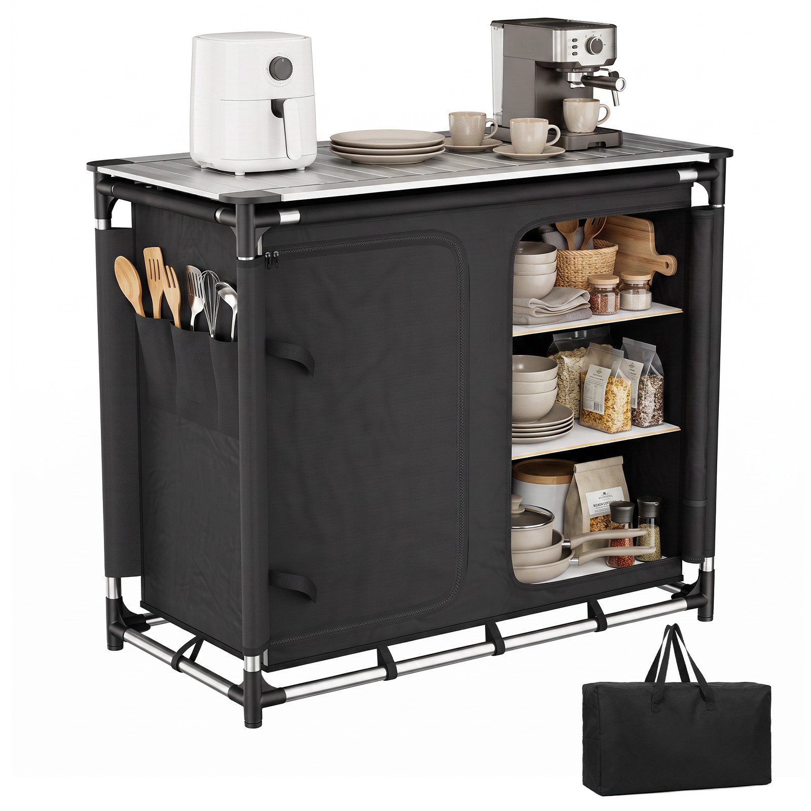 Sekey Campingschrank Campingschrank Faltbar Campingküche Outdoor Tisch mit Aluminiumgestell Maße: 79 x 48 x 96 cm, Rollbare Aluminium-Tischplatte, mit 6 Fächern