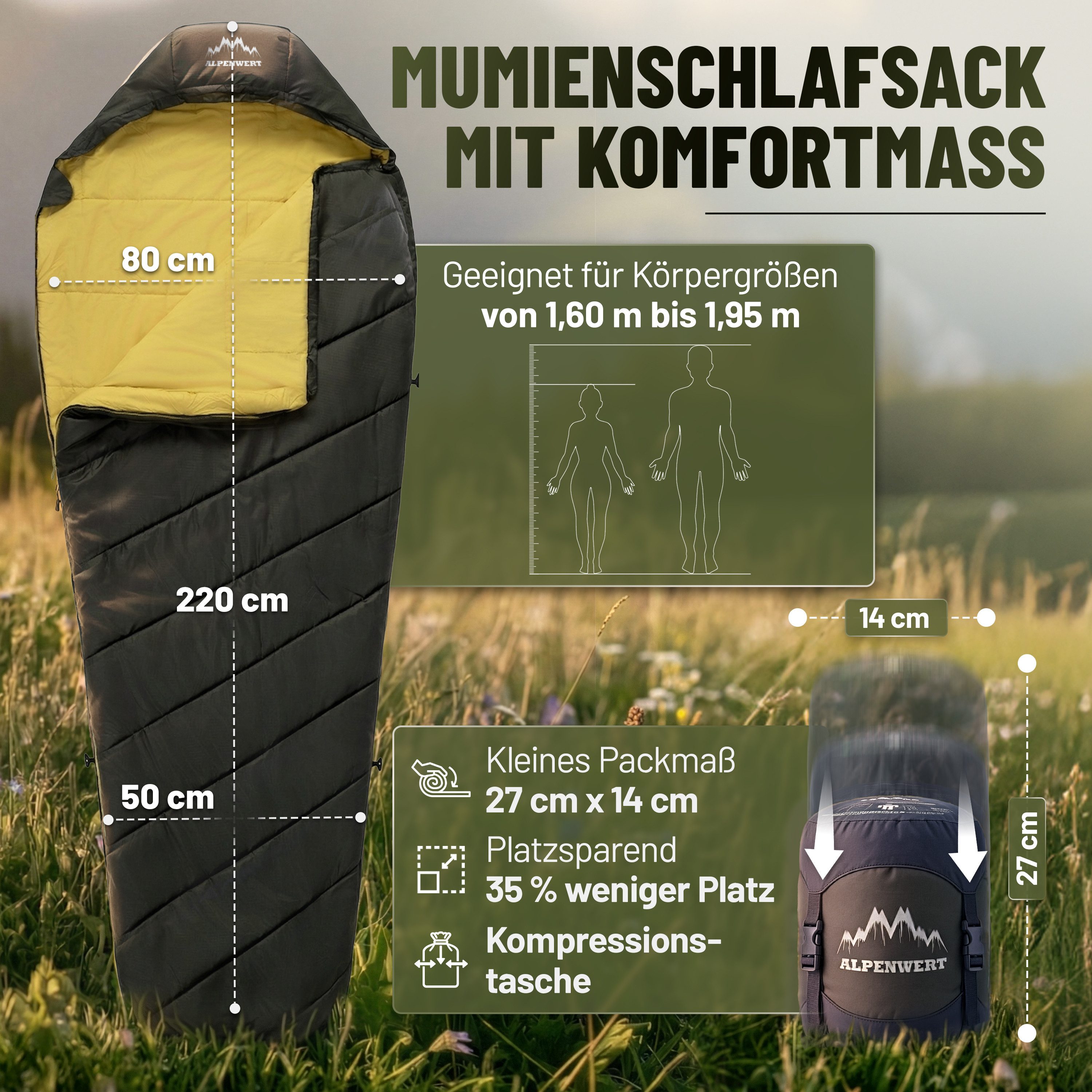 Alpenwert Mumienschlafsack Ultraleicht & kompakt, wasserabweisend, atmungsaktiv Camping & Outdoor, Sommerschlafsack, 2 Wege Reißverschluss, wattiert