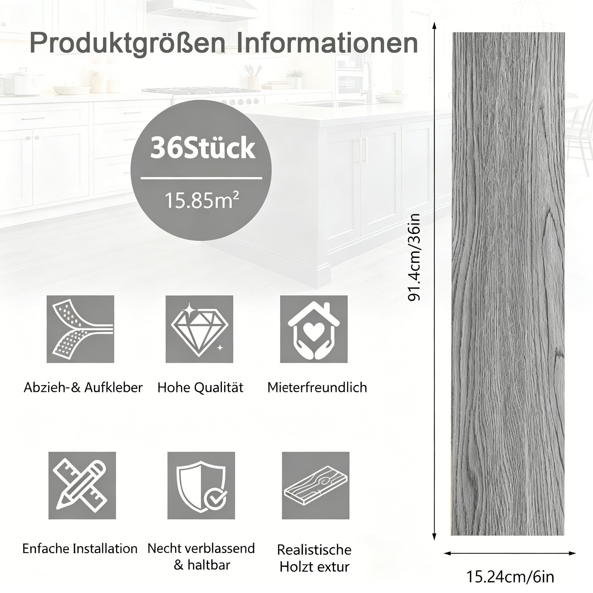 BlingBin Vinylboden Klebevinyl in Holzoptik, selbstklebender Vinylboden, 36 Dielen für 5m², Verschleißfest, Wasserabweisend, PVC, 1er Set, 36tlg, 91,4 x 15,24 cm, 2 mm, Vinyl Bodenbelag, einfache Verlegung