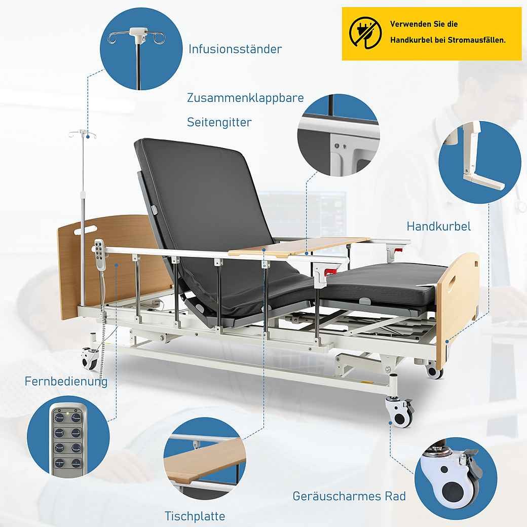 Vankel Bett Elektrisches Pflegebett mit 4 Funktionen, Matratze & max.205kg (Seitenschutz und Lattenrost inklusive, elektrisch verstellbar), mit Fernbedienung, Seitengittern, Tischplatte & Infusionsständer