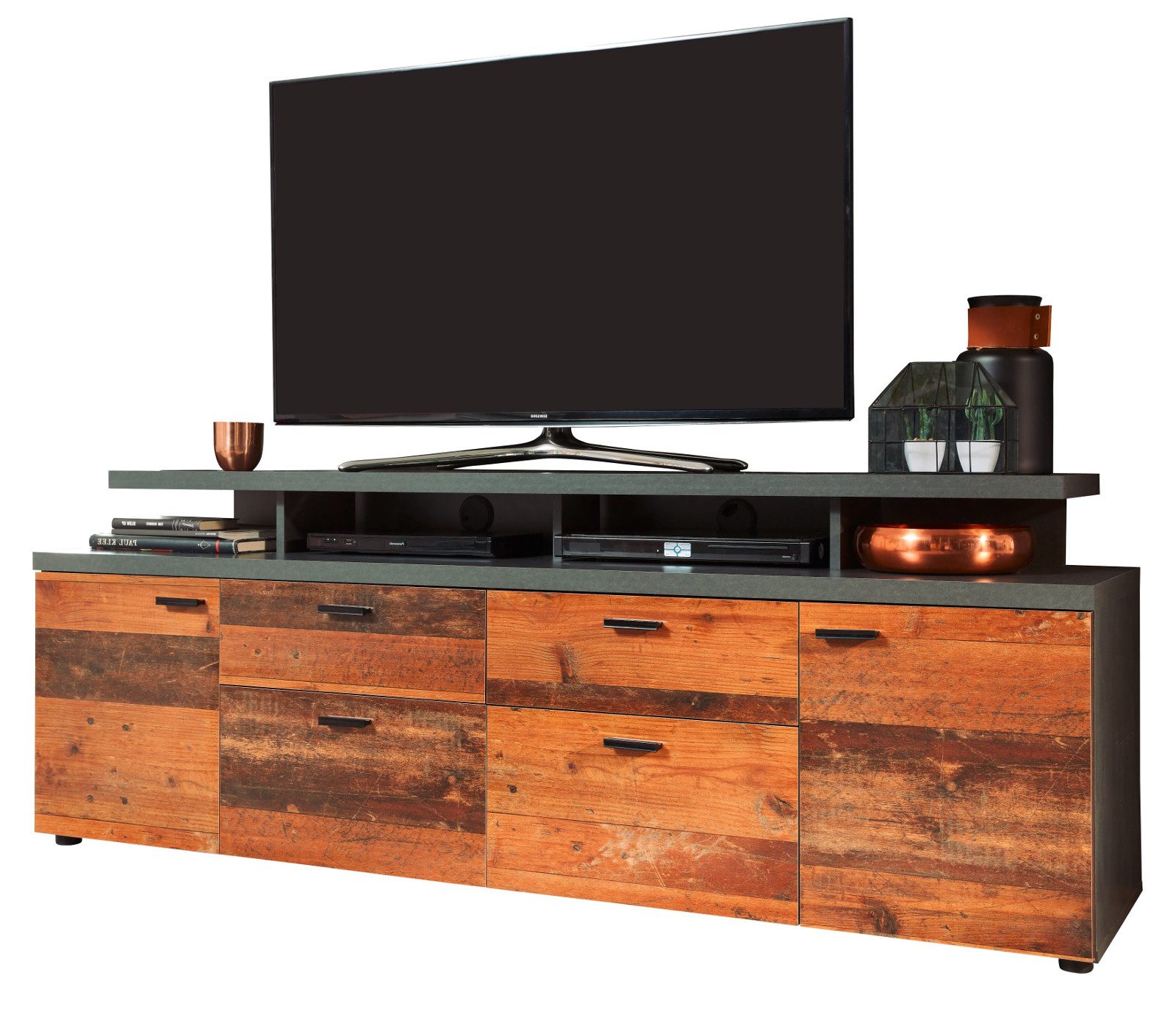 trendteam Lowboard Mood (TV Board in Used Wood Shabby und grau, 180 x 66 cm), mit Podest