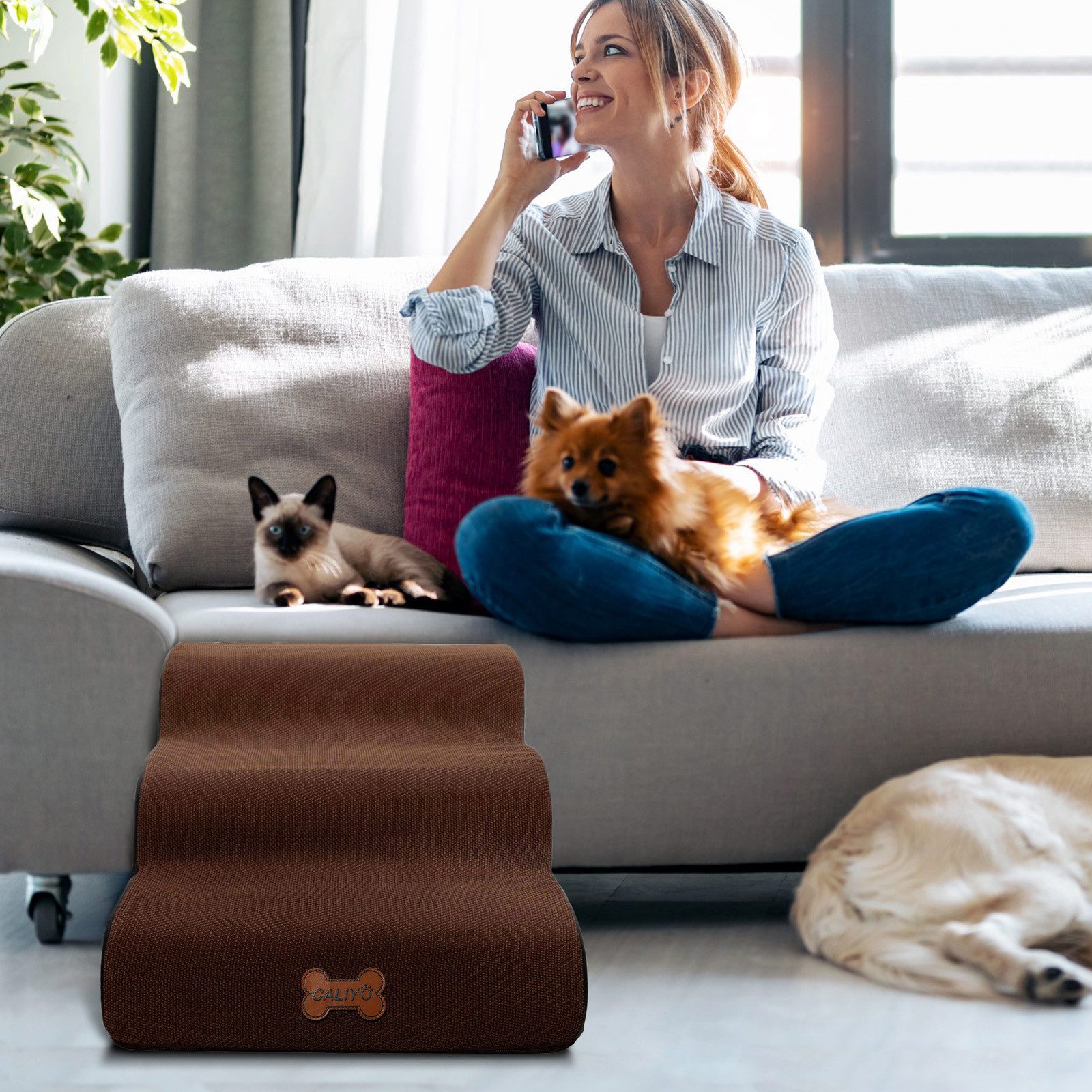 CALIYO Hunderampe Hundetreppe 3 Schichten Haustiertreppe Hundetreppe Katzentreppe, für Kleine Hunde Welpe Katzen aus Sofa Bett rutschfest