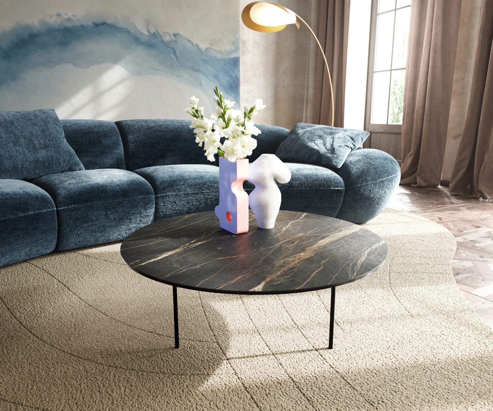 DELIFE Couchtisch Edge, Rund 90x90 cm, Braun | Schwarz, Gr. Gerade Kante Rund