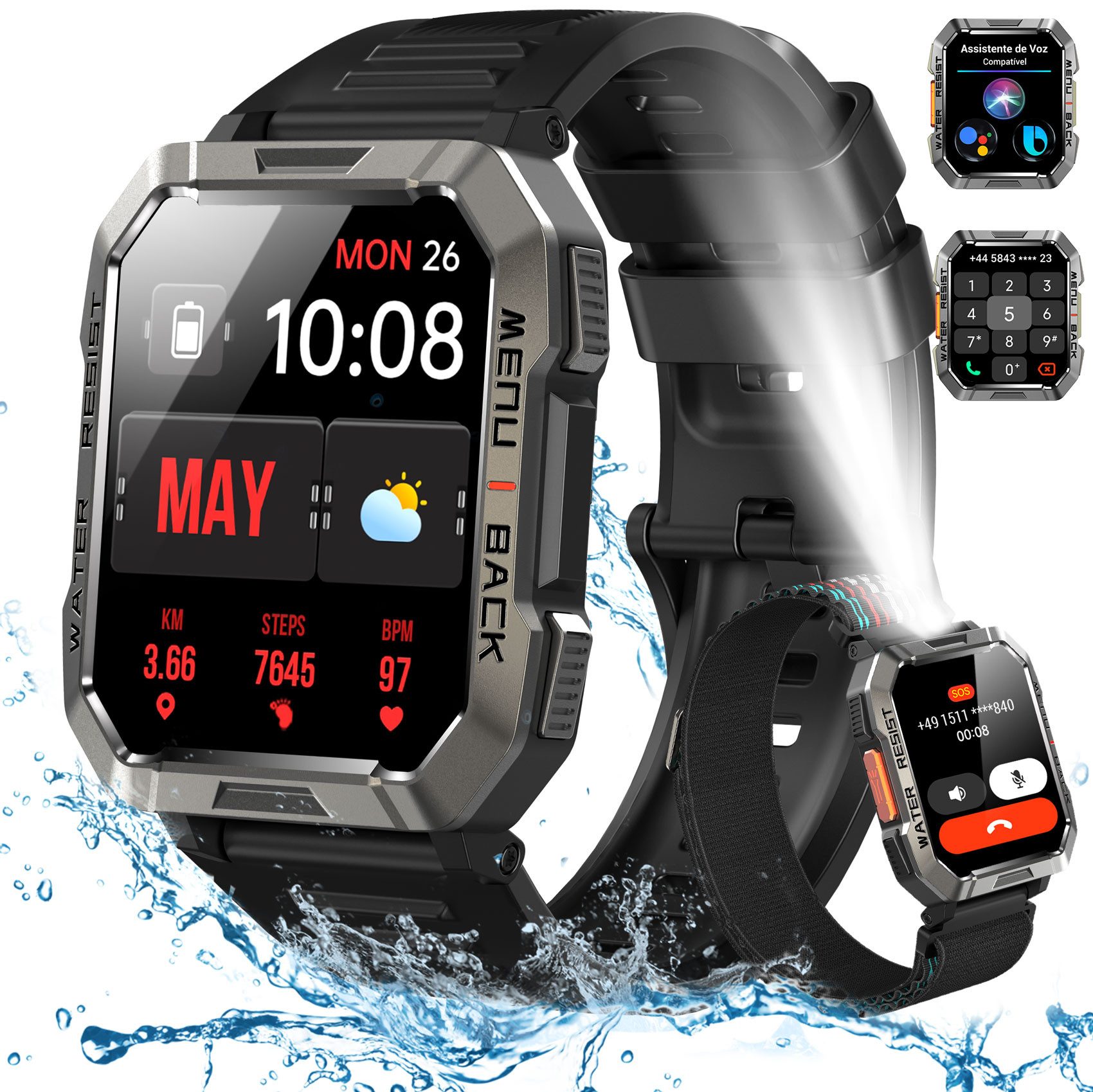 IOWODO MILITÄR SMARTWATCH HERREN W60 – 30 TAGE AKKU, LED-TASCHENLAMPE,KOMPASS Smartwatch Packung, mit atmungsaktivem, gewebtem Riemen geliefert, 2,01" Fitness Uhr,900 mAh,Bluetooth Anrufe,Ideal für Outdoor&Handwerk