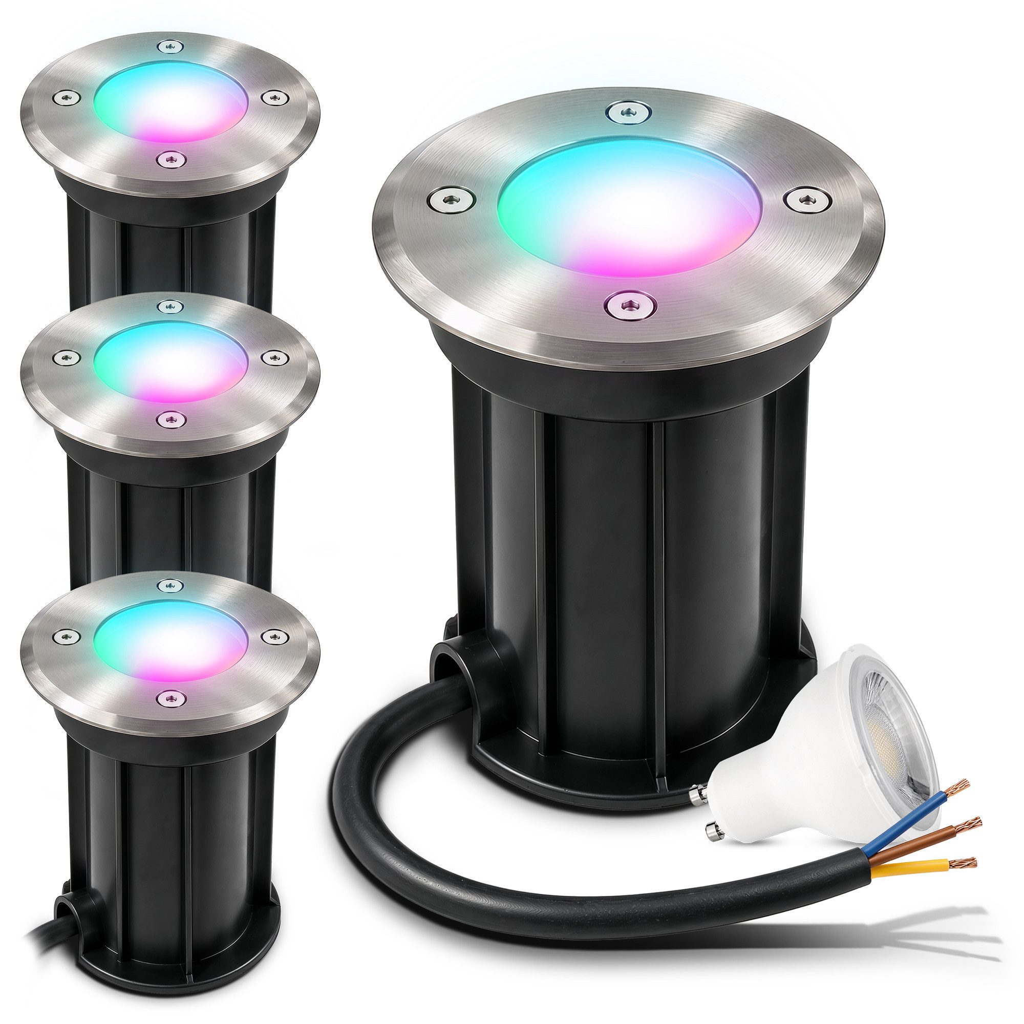 linovum LED Gartenstrahler 4x LED Bodenstrahler BORU rund gebürstet mit LED SMART GU10 dimmbar, Smart