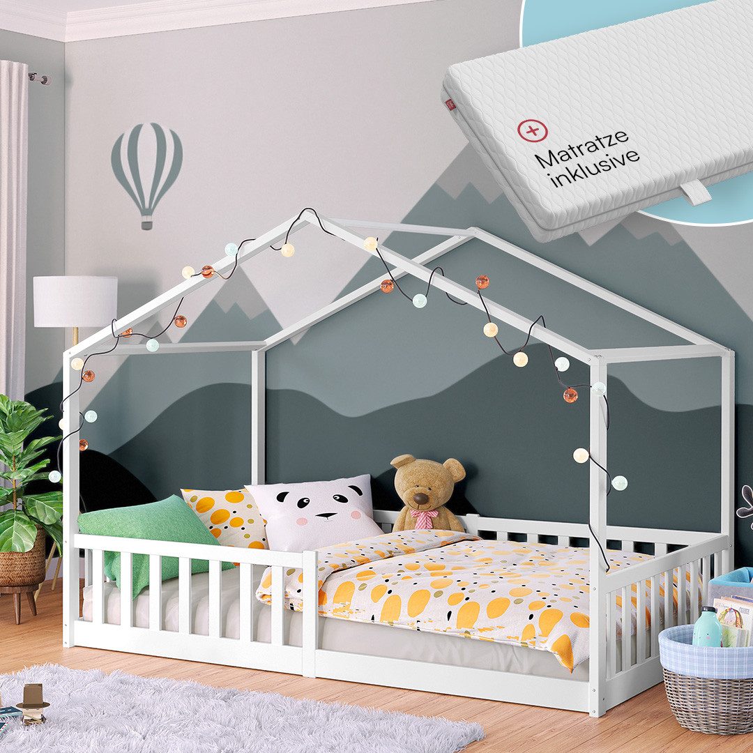 Bellabino Hausbett Kinderbett Bia mit Lattenrost (weiß, mit Matratze), Bodenbett mit Rausfallschutz, verfügbar in 80x160 & 90/120/140x200 cm