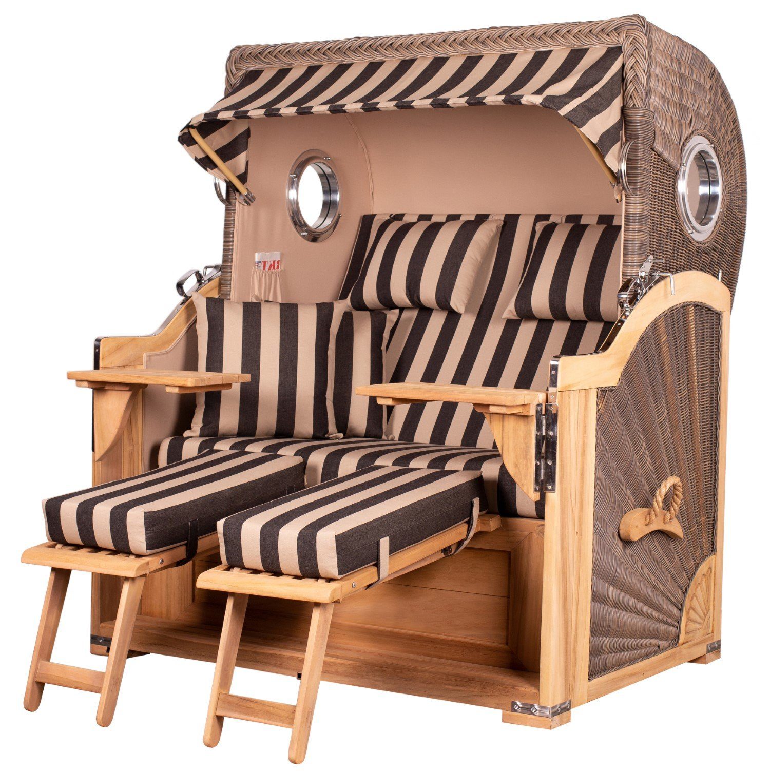 bene living Strandkorb Königssee 2,5-Sitzer Teak - PE grau - Modell 581, BxTxH: 142x95x170 cm, Volllieger ca. 175 Grad, Ostsee-Strandkorb Komplettset, inkl. Liftersystem und Bullaugen
